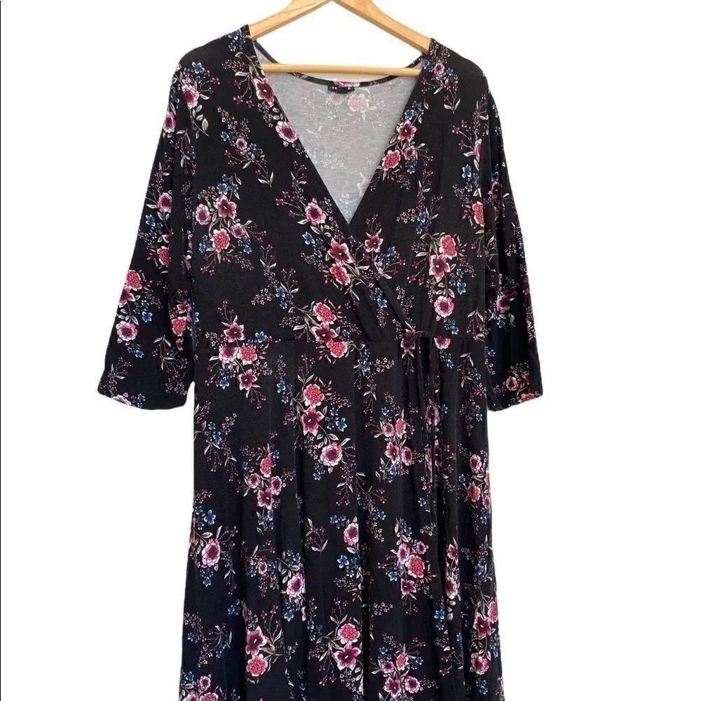 Torrid Black Floral Jersey Knit Wrap Front Dress 1X